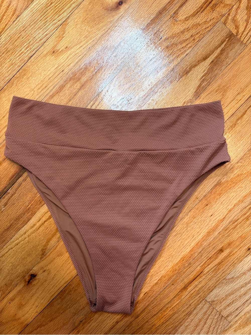 Aerie High-Waist Cheeky Ribbed Swim Bottoms Shimmer Gold Brown Medium